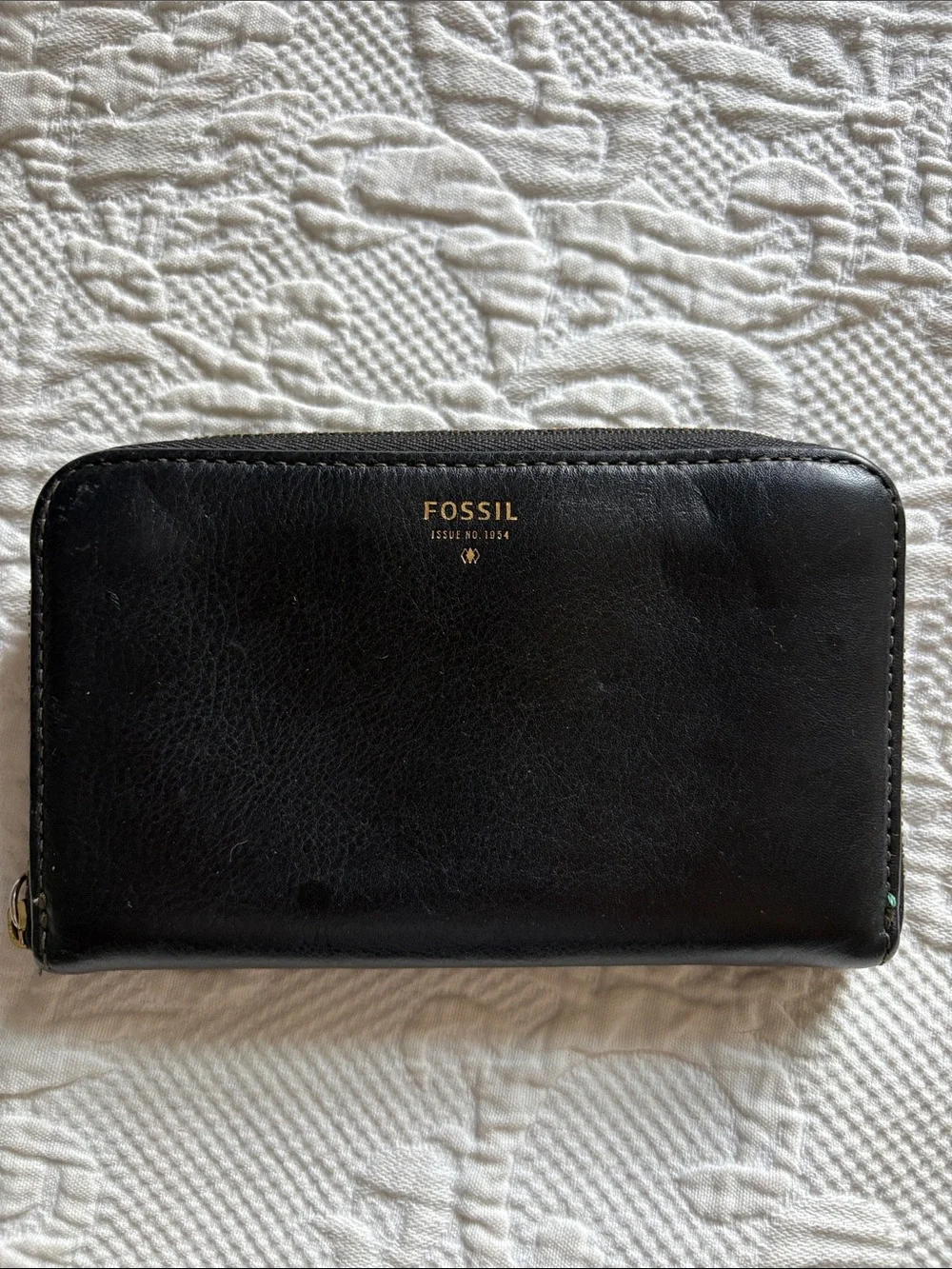 Fossil Black Leather Zip-Around Wallet with Gold Logo